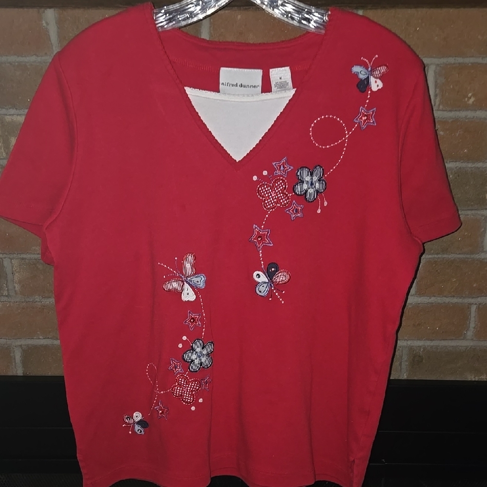 Women's Alfred Dunner Red, White and Blue Short Sleeve Tee Medium
